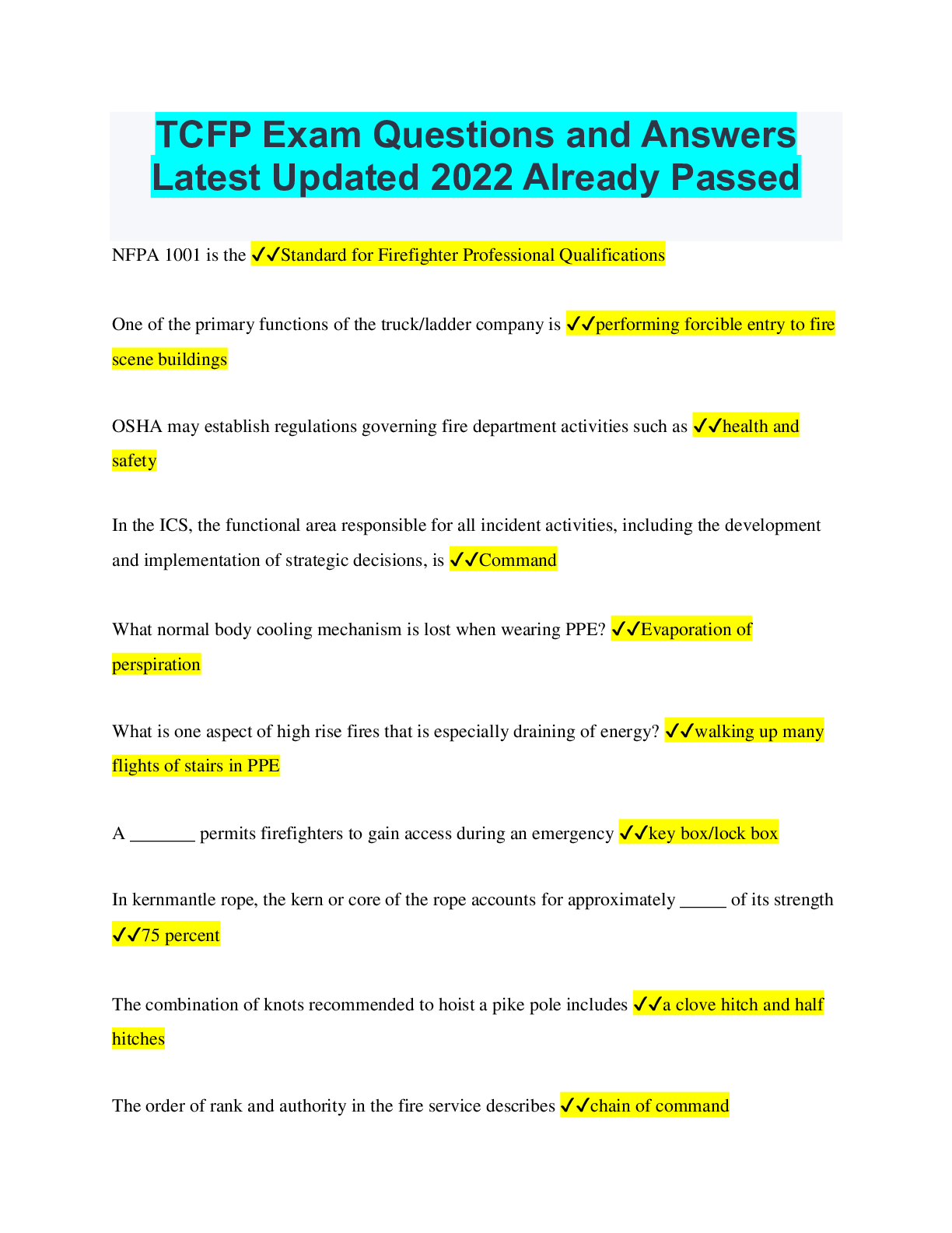Preview of TCFP Exam Questions and Answers Latest Updated 2022 Already Passed